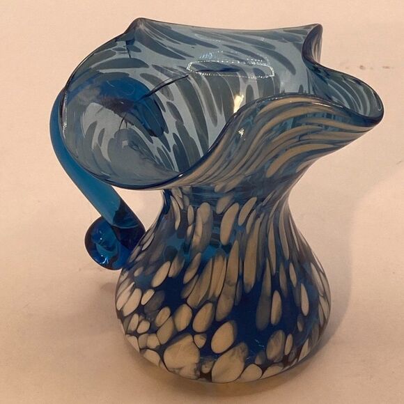 Rainbow Small Mini Pitcher Splatter Vase Blue White Hand Blown Hand Painted - Picture 6 of 13